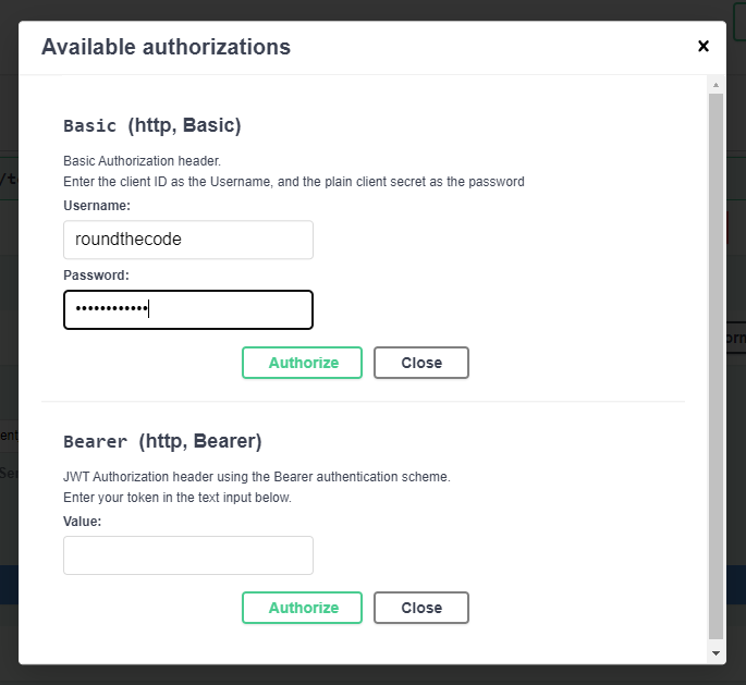 Add Basic authentication credentials when generating a JWT in Swagger