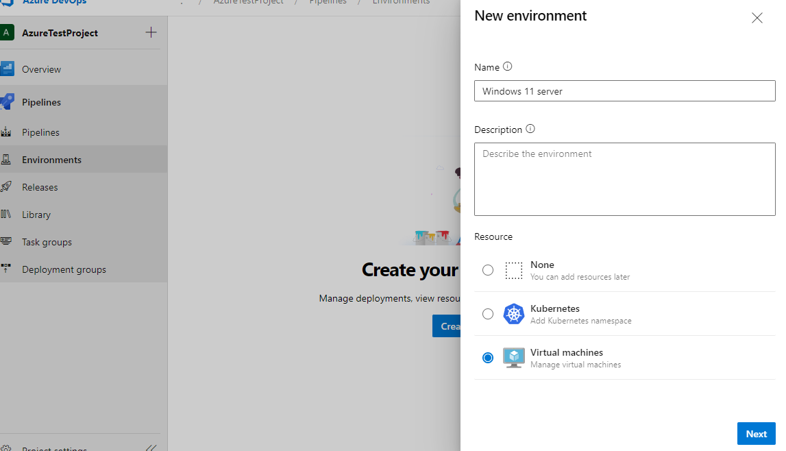 Create a pipeline environment options in Azure DevOps