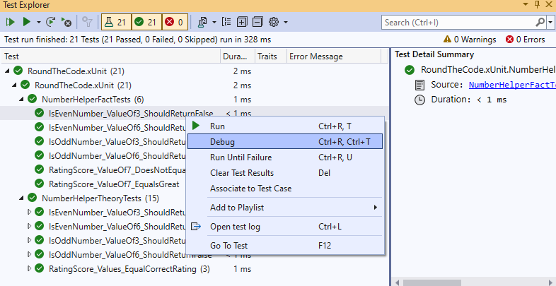 Debug an xUnit test method in Visual Studio