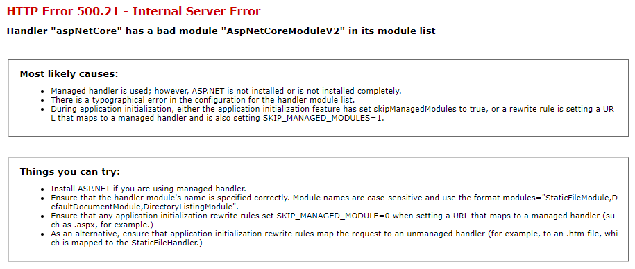 500.21 Error when Running an ASP.NET Core 3 Application with ASP.NET Core Runtime 1