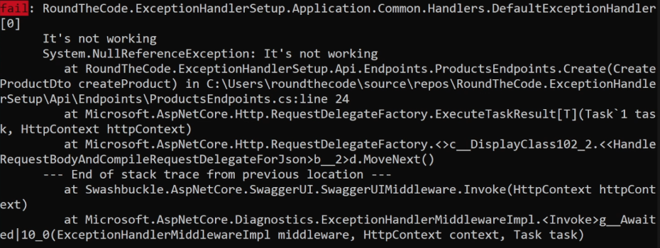 The exception and stack trace appear in the console when an error is logged