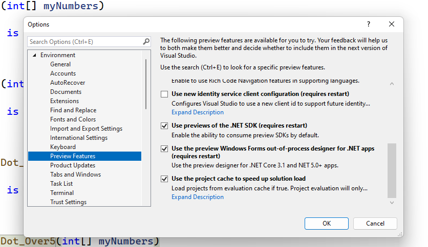 Enable previews of the .NET SDK in Visual Studio 2022
