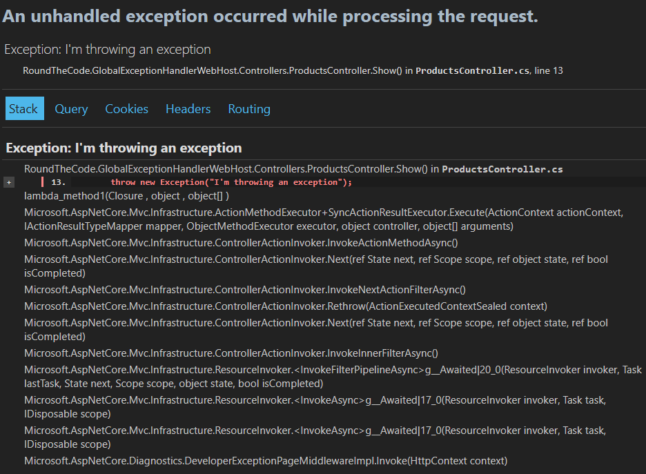 The developer exception page in an ASP.NET Core app when an exception is thrown