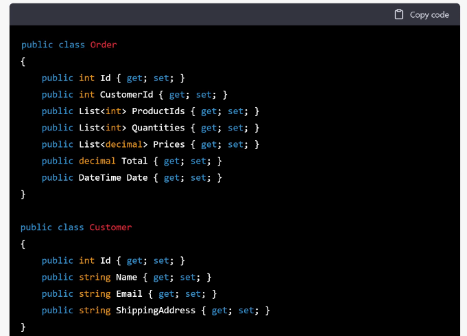 ChatGPT writing code for a .NET class