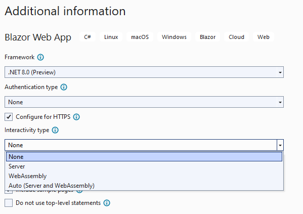 Blazor render modes for creating a project