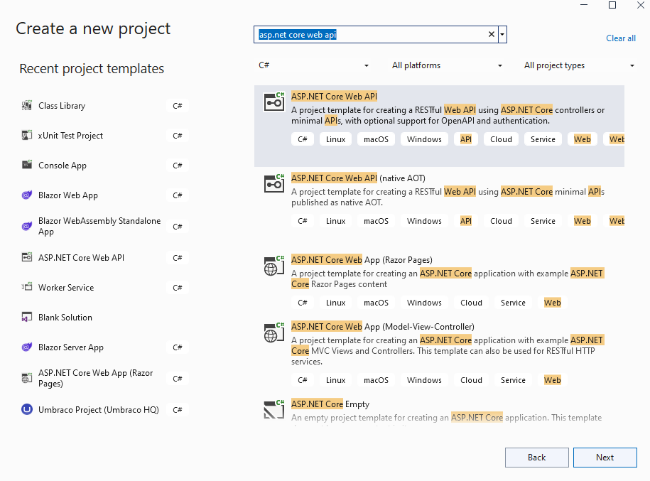 How to create an ASP.NET Core Web API project in Visual Studio