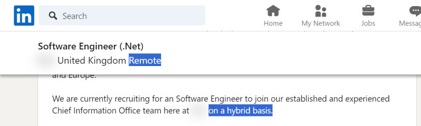 .NET job advert on LinkedIn that lists the job as remote when it's actually hybrid