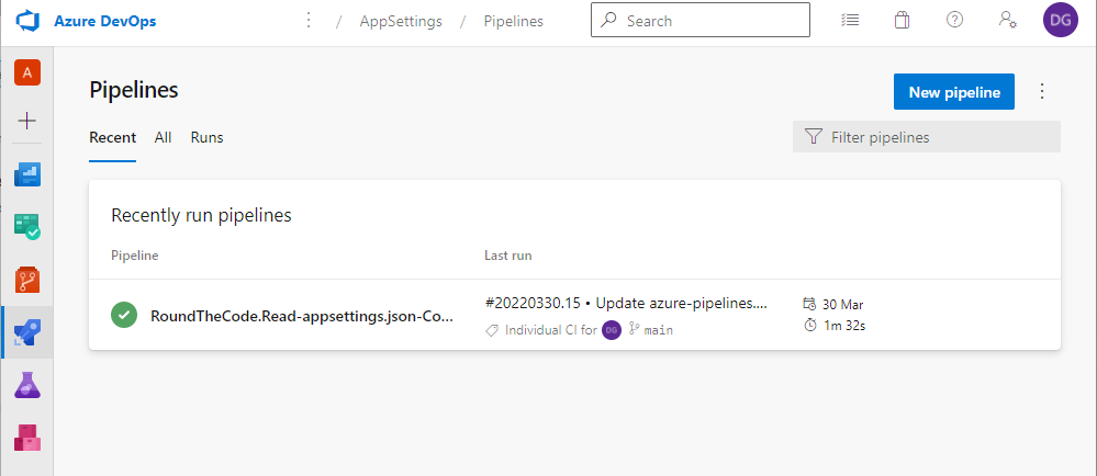 A recently run pipeline in Azure DevOps Pipelines