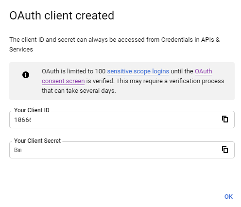 Client ID and secret for OAuth in Google Cloud Platform
