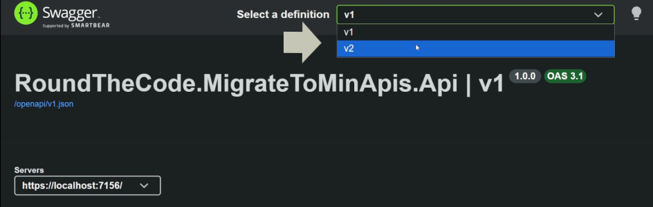 V1 and V2 appears in the definition dropdown when viewing the Swagger documentation