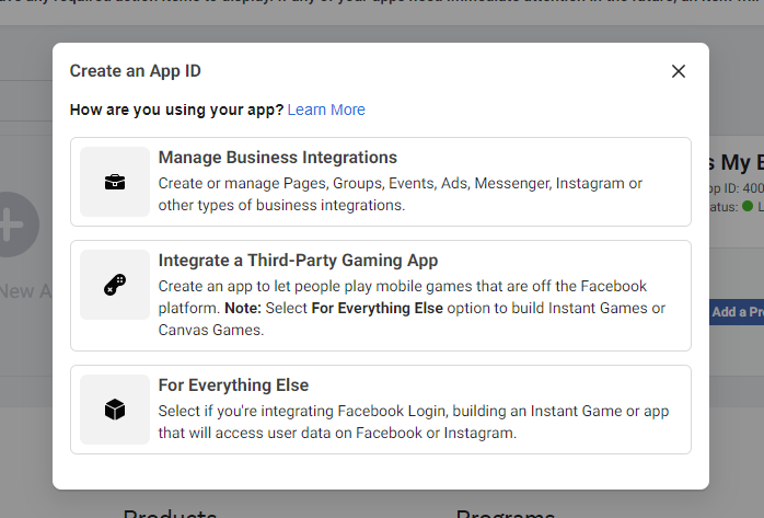 When creating an app in Facebook, select "For Everything Else"