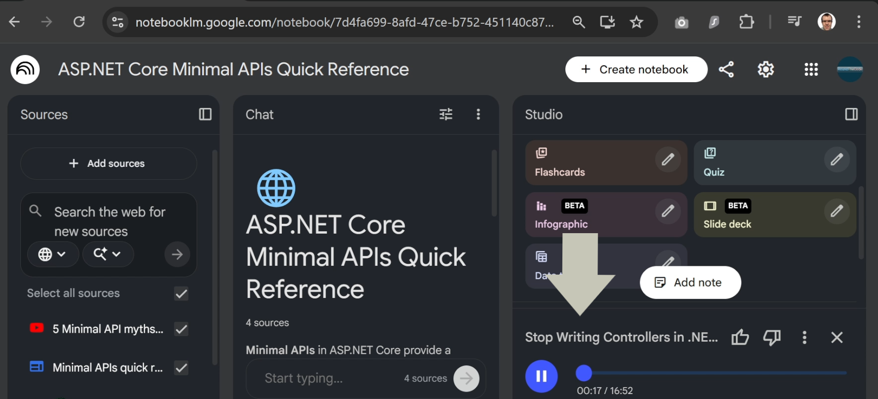 Listen to a podcast-style audio generated from your sources