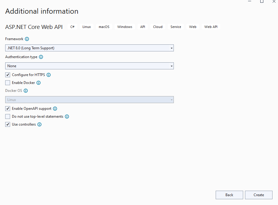 Select a framework when creating an ASP.NET Core Web API in Visual Studio