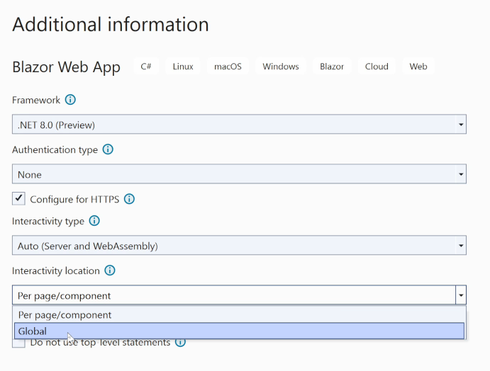 Adding Interactivity location to a Blazor project in Visual Studio