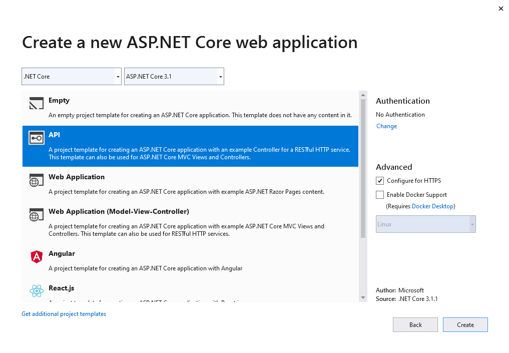 Create a ASP.NET Core API application in Visual Studio