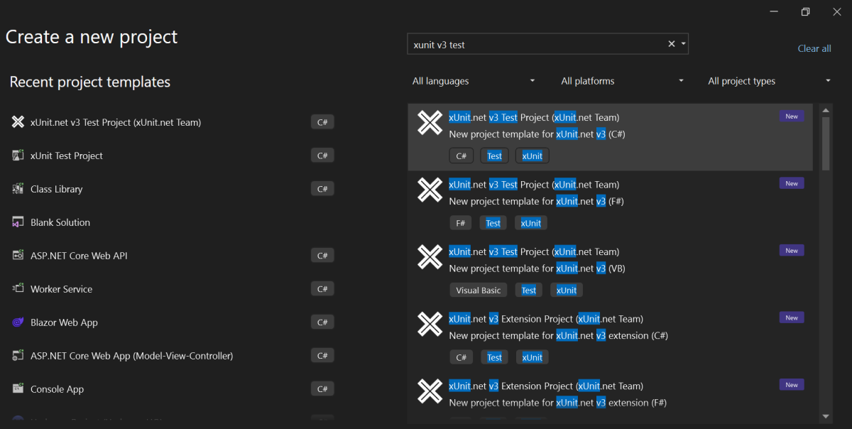 Create a new xUnit 3 project in Visual Studio