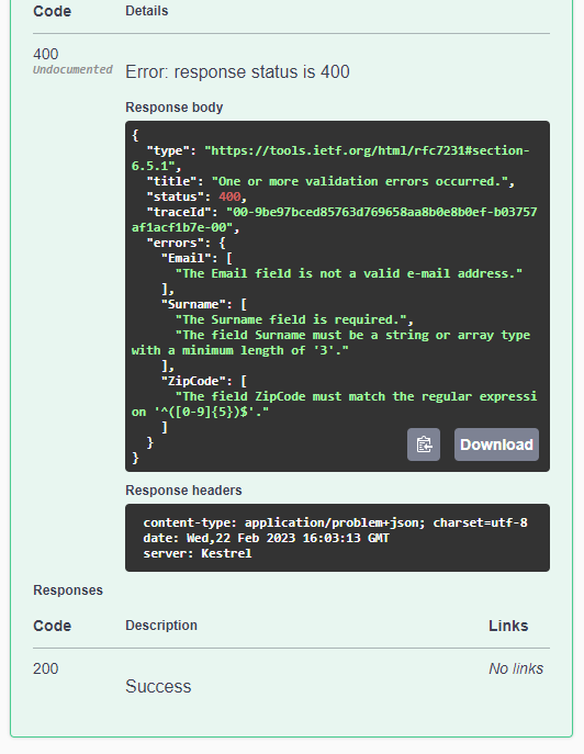 A 400 response is returned when not all validators are passed