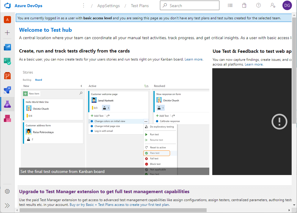 An empty Azure Test Plan in DevOps