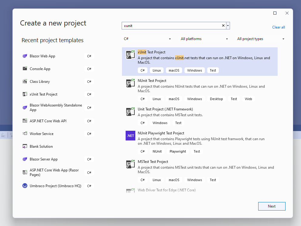 Create an xUnit project in Visual Studio