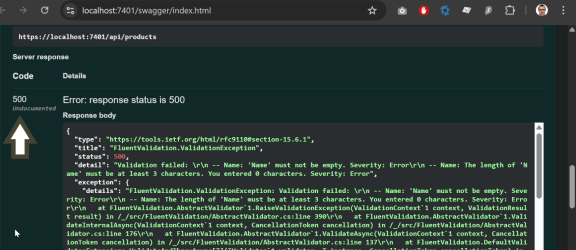 Calling ValidateAndThrowAsync in FluentValidation throws 500 Internal Server Error