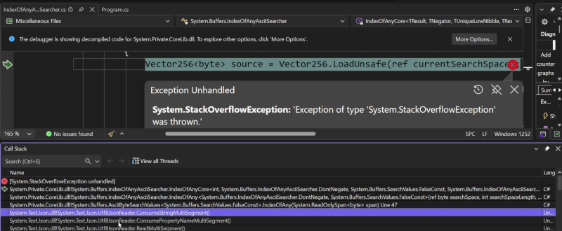 The call stack when the StackOverflowException was thrown
