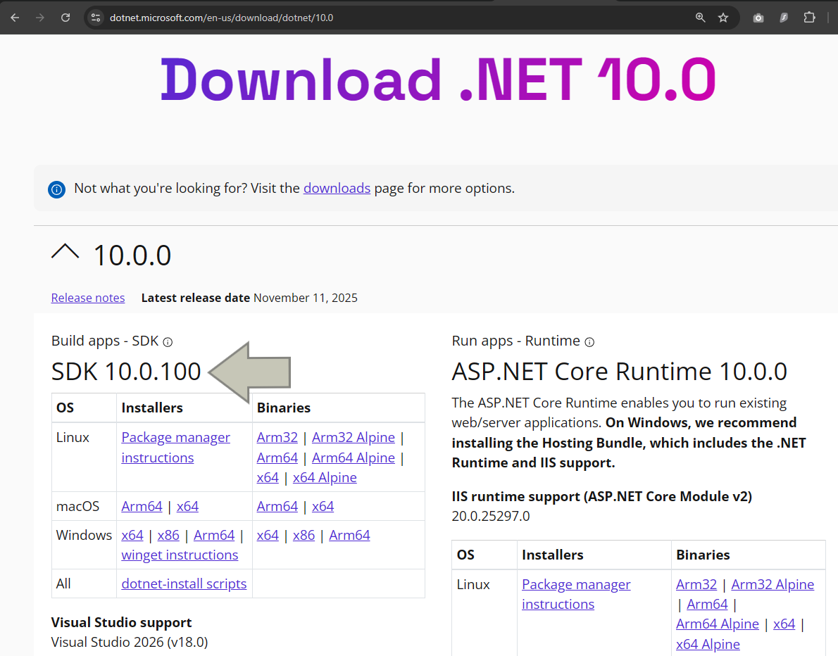 Download the .NET 10 SDK from the .NET website