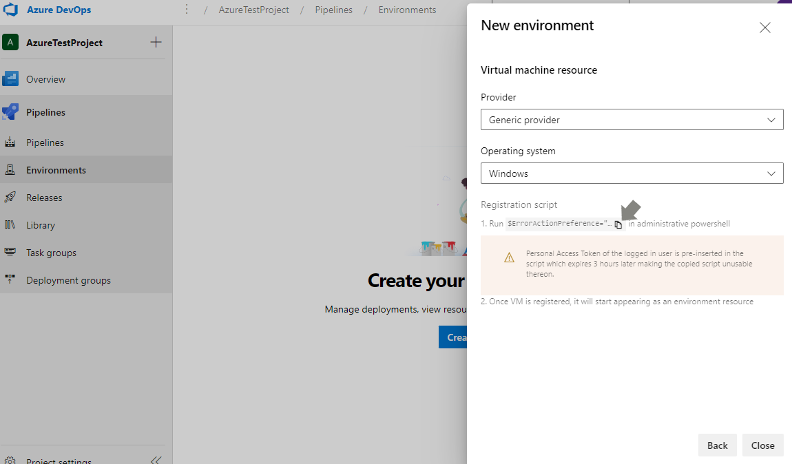 Run the Azure DevOps environment registration script