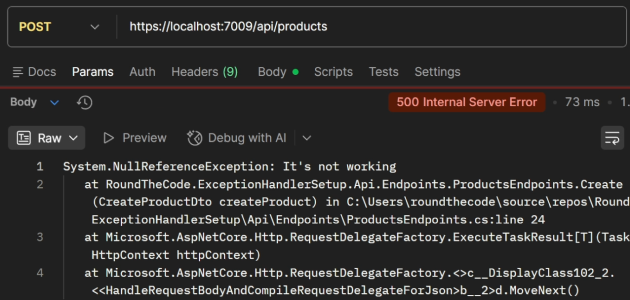 The error and stack trace appear when not using exception handlers in development