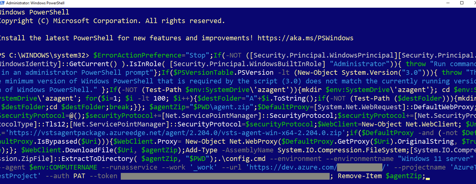 The PowerShell script to set up an Azure DevOps environment