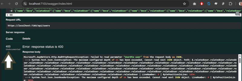 The JSON max depth kicks in before reaching the map code