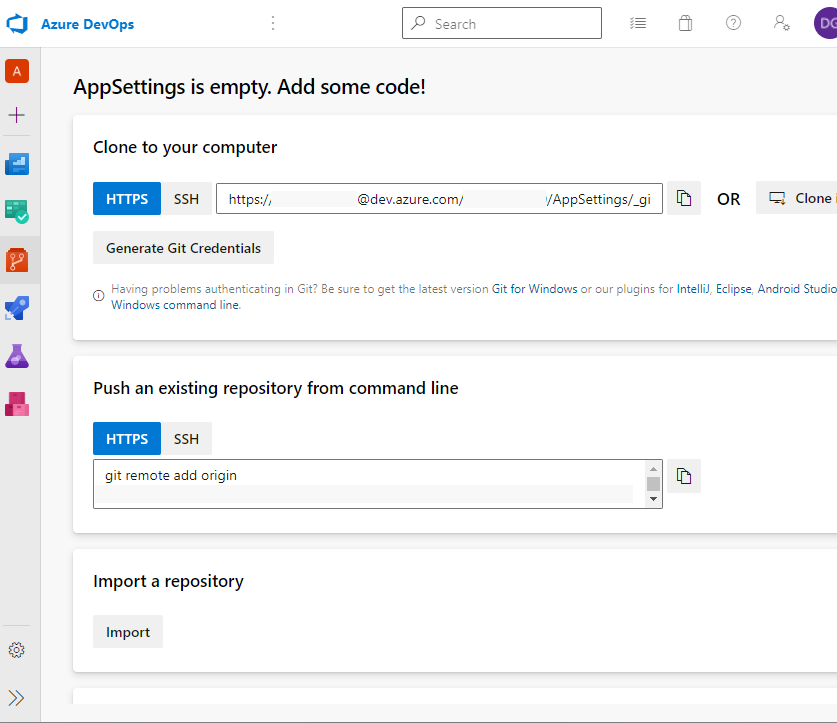 An empty Git repository in Azure Repos
