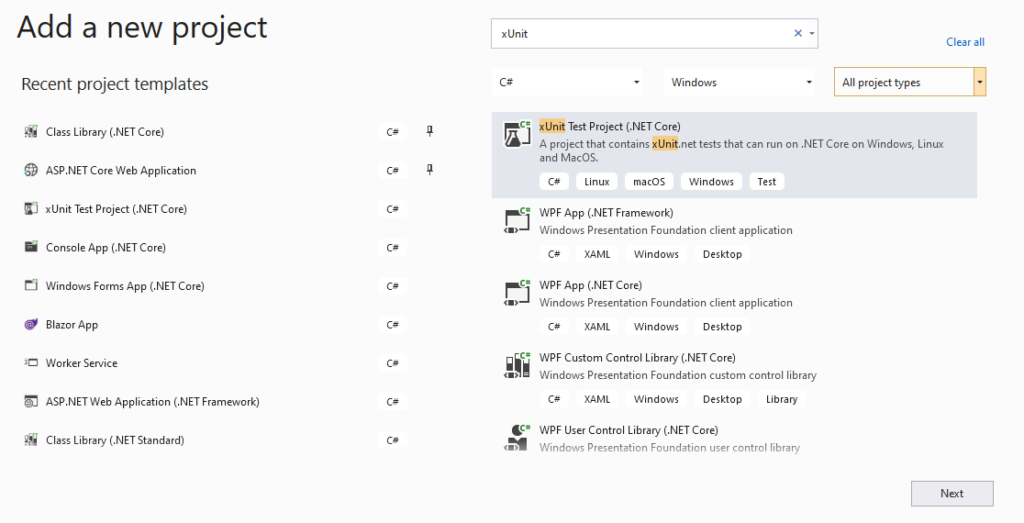 Create an xUnit project in Visual Studio 2019