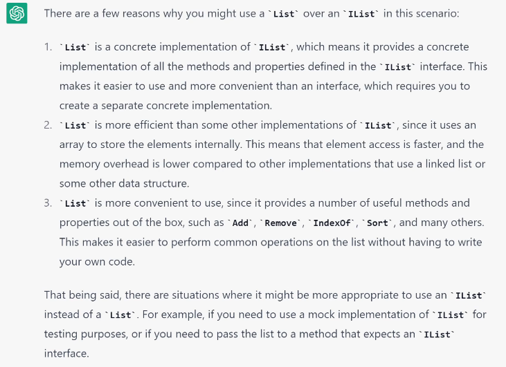 ChatGPT answering why you should use List over IList