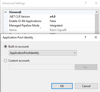 Check the Application Pool Identity in IIS when running an ASP.NET Core Application