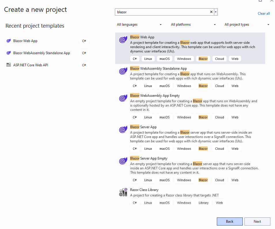 Blazor Web App project template in Visual Studio