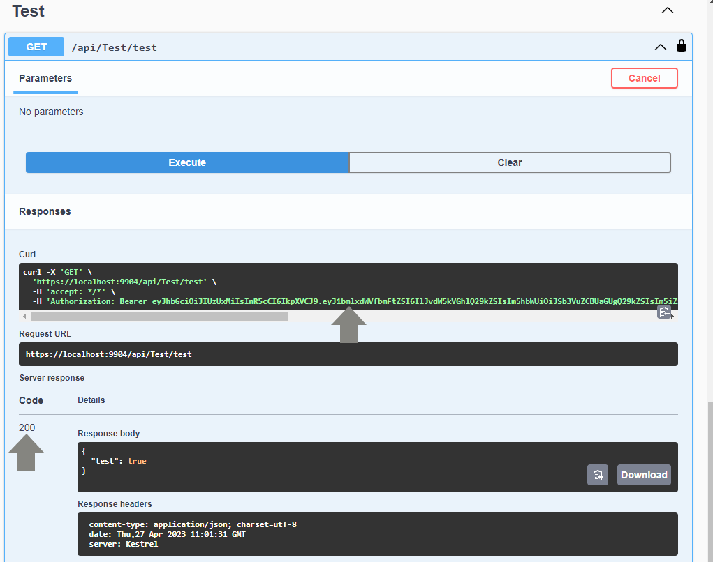 Executes a HTTP request in Swagger with a Bearer token