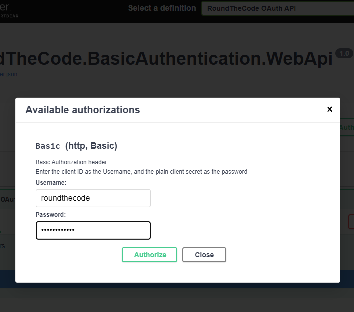Add username and password for Basic authentication in Swagger