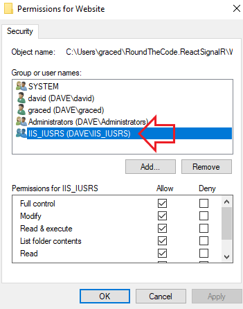 In Windows 10, give IIS_IUSRS Full Control to your ASP.NET Core Application in IIS