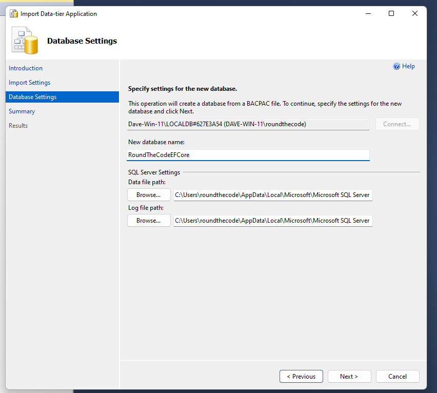 Set the database name when importing a bacpac database.