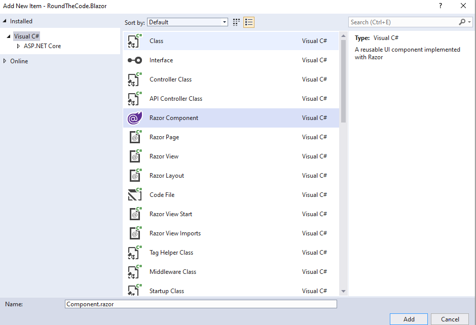 Add a Razor Component Item to your Project in Visual Studio 2019