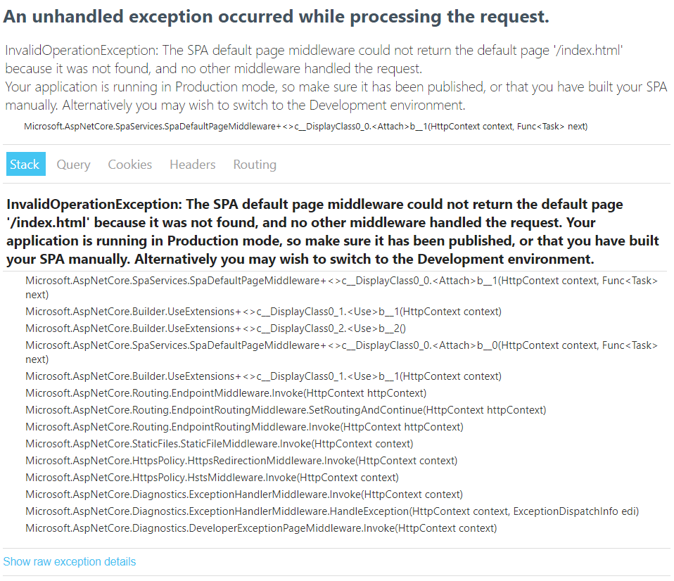Example of a ASP.NET Core application exception when running a React SPA