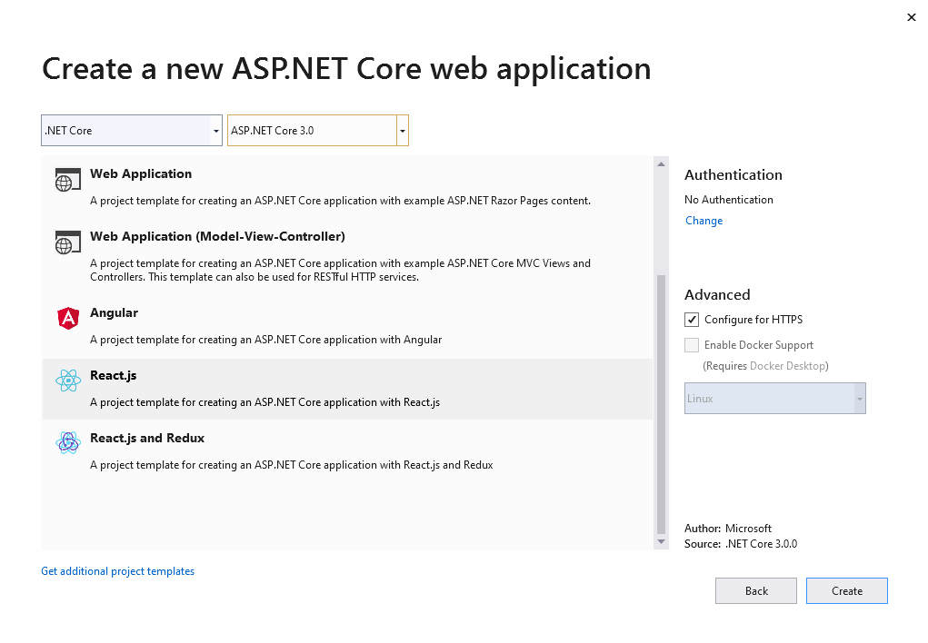 Create a new ASP.NET Core web application with a React.js project template