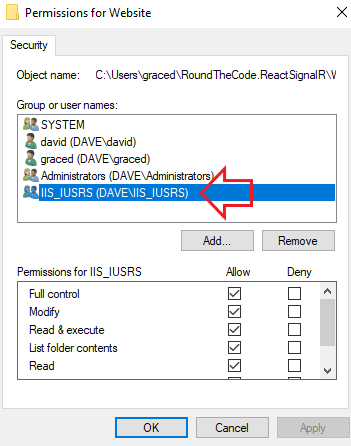 Give IIS_IUSRS Full Control to your ASP.NET Core Application in IIS