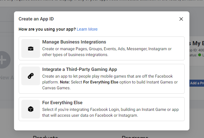 Create an app in Facebook Developers