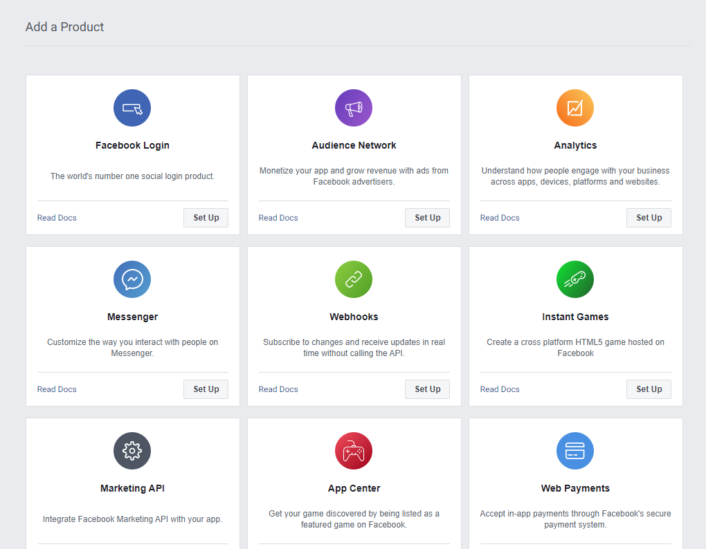 List of Products when you have created an app in Facebook
